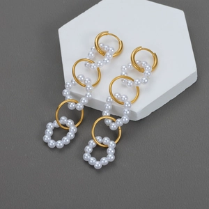 Long Tassel Dangle Earrings Stainless Steel 18K Gold Plated White Faux Artificial Pearl Bohemian Elegant Jewelry Women