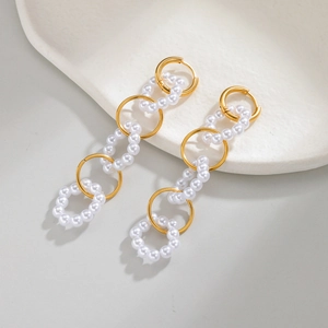 18k gold plated geometric earrings with dangling pearls and chain link drops