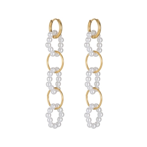 Elegant gold drop earrings with white pearl bead clusters and round metal rings on white background