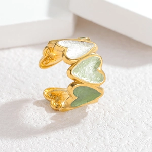 18K gold-plated adjustable heart ring with green and white enamel on stone base