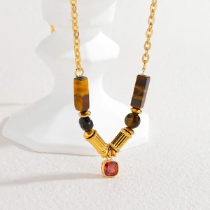 Vintage 18k gold beaded necklace with tiger eye stone and square red ruby pendant