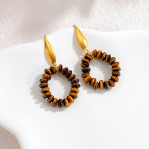 18k gold-plated stainless steel hoop earrings with natural tiger eye stone beads