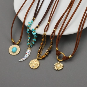 Collier Bohème en Acier Inoxydable pour Femme Pendentif Vintage Perles Oeil de Tigre Turquoise Cordon Velours Bijou