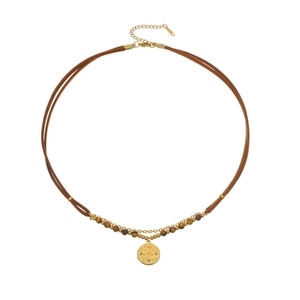 Collier pendentif tournesol vintage boho avec perles oeil de tigre sur daim marron