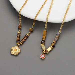 Flower Pendant Necklace Stainless Steel Jewelry With Tiger Eye Beads And Red Gemstone Bohemian Style For Women