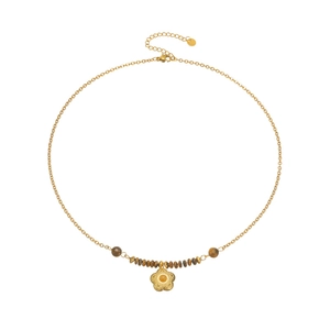 Tiger eye beaded necklace with 18k gold plated flower pendant on stainless steel chain