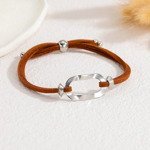 Minimalist brown velvet cord bracelet with 18k gold geometric metal link and adjustable bead