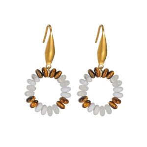 Bohemian leaf hook earrings featuring brown tiger eye and cream beaded rings