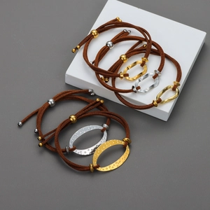 Women Stainless Steel Hammered Geometric Oval Charm Bracelet Adjustable Suede Cord Minimalist Ins Style Light Luxury Jewelry