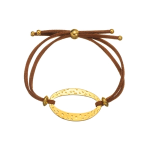 Bohemian adjustable brown cord bracelet with hammered gold oval ring on white background