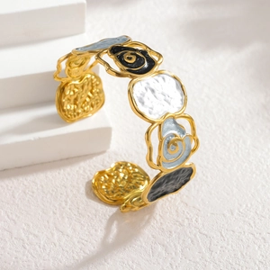 French vintage 18k gold plated stainless steel open bangle with colorful enamel roses