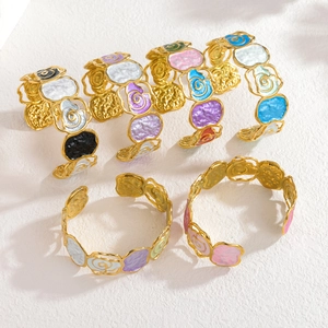Set of six colorful enamel floral bangles in gold-plated bohemian artistic style