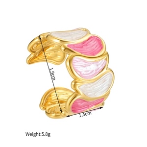Macro detail of 18k gold plated irregular ring with pink enamel petals and dimensions
