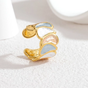 Irregular wave pattern open ring with colorful enamel inlay in 18k gold plating