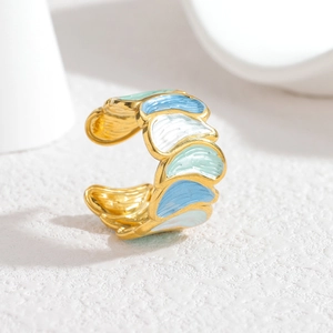 Irregular feather pattern 18k gold plated stainless steel open ring with blue enamel