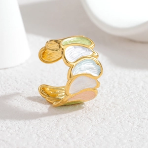 Irregular 18k gold plated stainless steel open ring with colorful enamel feather patterns