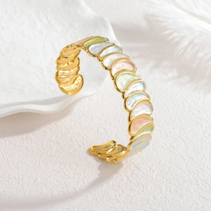 Minimalist gold-plated open C-shaped bracelet with colorful enamel wave patterns