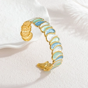 Enamel leaf rose gold open bangle with gradient blue and green mother of pearl finish