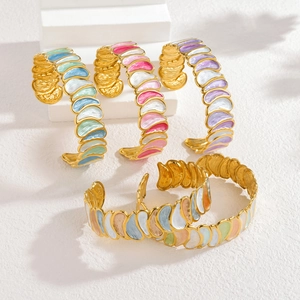 Minimalist rose gold enamel open bracelets with colorful leaf drip oil wave patterns
