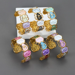 Flower Cuff Bracelet Stainless Steel Enamel Rose Gold Plated Hammered Texture Open Bangle Bohemian Fashion Jewelry