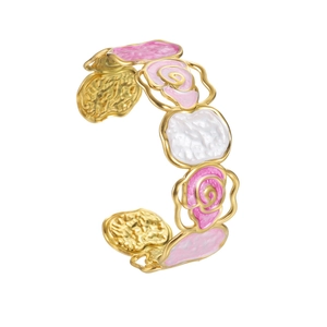 Vintage gold-plated rose open bangle featuring pink and white enamel flower petals