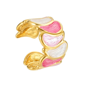 Irregular pink and white enamel wave pattern open ring in 18k gold plated stainless steel