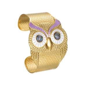 Bracelet chouette artistique en or 18k avec texture et détails en émail violet