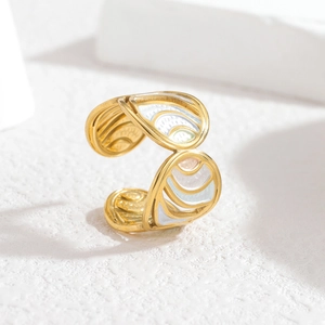 Adjustable gold open ring featuring a shell-shaped layered enamel design on a stone base