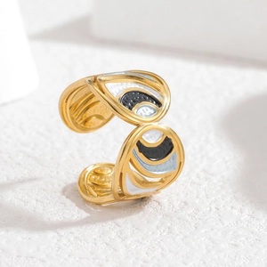 Adjustable gold plated enamel open ring with abstract eye design in black white and blue