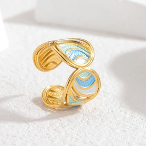 Irregular 18k gold open ring with colorful blue enamel teardrop sea wave patterns