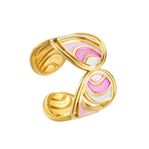 Vintage irregular gold open ring with pink and white enamel wings detail