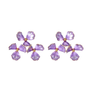 Elegant 18k gold floral stud earrings featuring three purple petals with golden centers