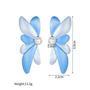 Boucles d'oreilles papillon bleues avec perles blanches, bijoux en acier de 5,9 cm