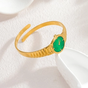 Bracelet jonc ouvert en acier inoxydable doré avec cadran vert et texture ondulée