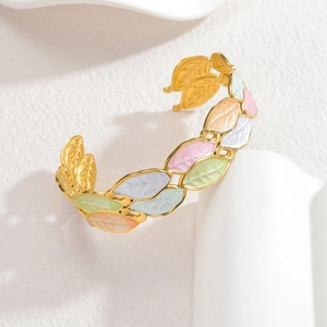 Bracelet manchette feuilles dorées rétro avec émail coloré pour femmes