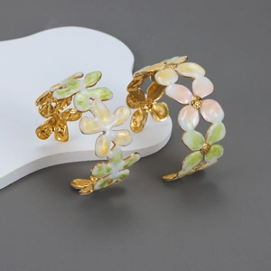 French vintage 18k gold plated stainless steel floral earrings with enamel petals