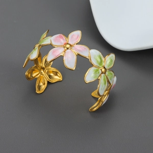 Vintage Enamel Flower Bangle Bracelet Stainless Steel Open Adjustable Bohemian Floral Jewelry For Women