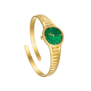 Bracelet montre ouvert doré élégant avec un cadran vert émeraude pour femme