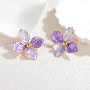 Elegant 18k gold-plated stainless steel flower stud earrings with purple enamel finish