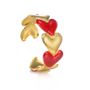 Retro 18k gold plated open heart cuff bracelet with red enamel and brushed metal finish
