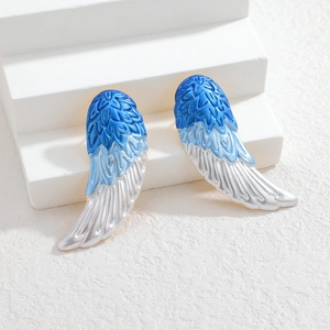Minimalist stainless steel wing stud earrings with blue gradient enamel finish