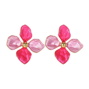 Pink enamel flower stud earrings with 18k gold plating and radial petal texture