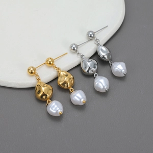 Irregular Artificial Baroque Pearl Dangle Earrings Stainless Steel Geometric Organic Shape French Vintage Aesthetic Jewelry For Women