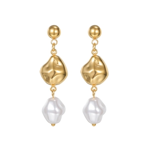 Baroque pearl tassel earrings in gold stainless steel with textured irregular metal sphere
