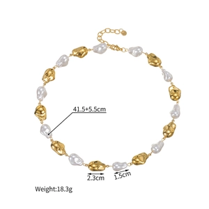 Detailed size specifications for irregular pearl and 18k gold bead link necklace