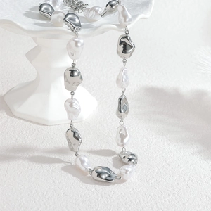 Baroque pearl and silver liquid metal beaded necklace with stainless steel chain
