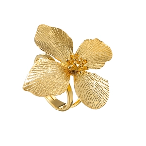 Bague fleur 3D en acier inoxydable plaqué or 18k avec texture en métal brossé chic