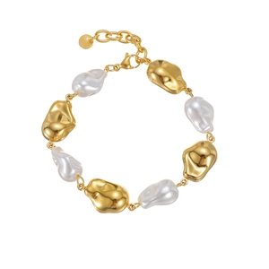 Golden irregular lava metal beads and baroque pearl bracelet with adjustable chain