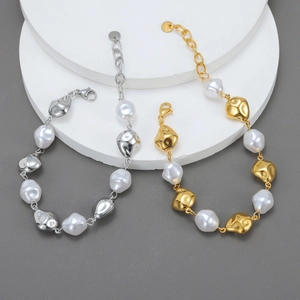 Irregular Artificial Baroque Pearl Bracelet Stainless Steel Molten Metal Beads Gold Plated Adjustable Elegant Jewelry For Women