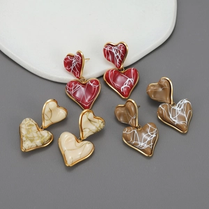 Double Heart Drop Earrings 18K Gold Plated Stainless Steel Resin Marbled Texture With Stainless Steel Earring Post